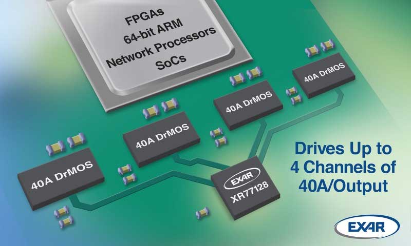 Exar Corporation представила универсальную микросхему контроллера питания XR77128, предназначенную для независимого управления четырьмя внешними силовыми каскадами DrMOS с током в каждом канале, превышающим 40 А