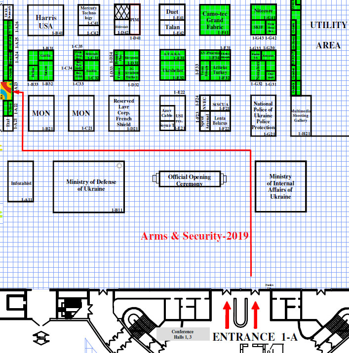 Schematic placement of corporate stands at the Arms and Security 2019 exhibition